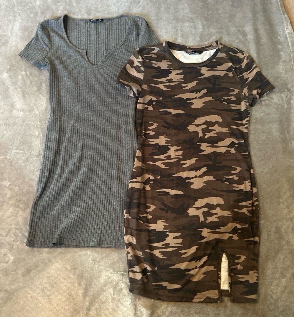 Green camo body con dress and gray v cut bodycon dress